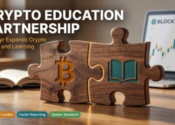Crypto education partnership concept with two wooden puzzle pieces, one with a Bitcoin symbol and one with a book, locking together