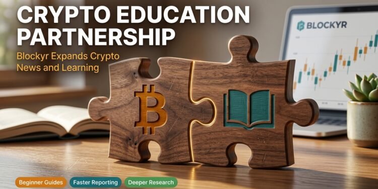 Crypto education partnership concept with two wooden puzzle pieces, one with a Bitcoin symbol and one with a book, locking together