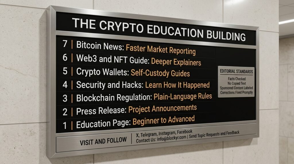 Crypto education partnership building directory listing Bitcoin news, Web3, wallets, security and regulation categories with editorial standards