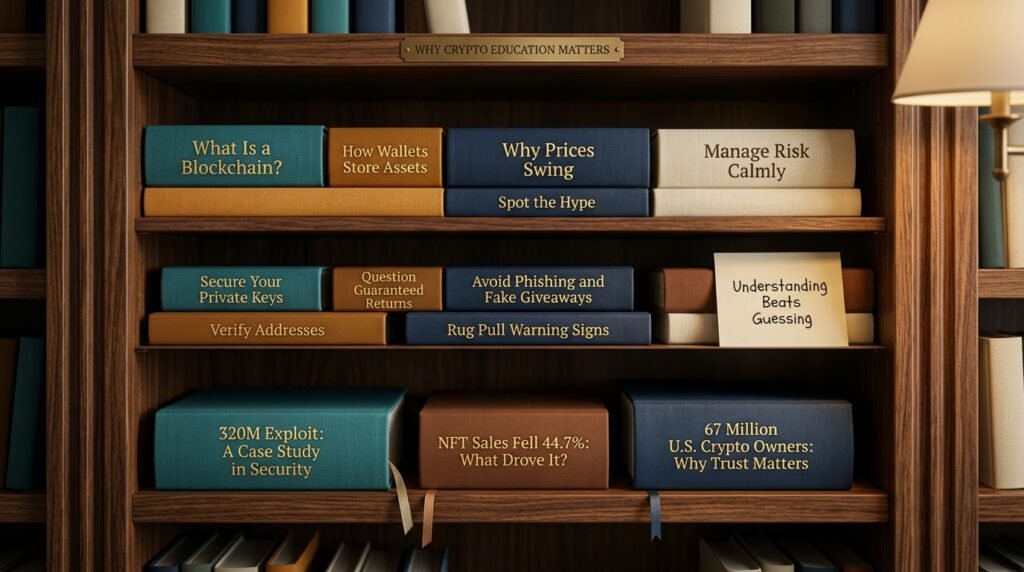 Crypto education partnership bookshelf with guides on wallets, scams and security, plus case studies on a $320 million exploit and 67 million U.S. crypto owners