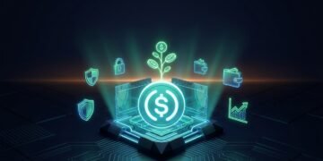 Glowing stablecoin growing in a savings vault to show how to earn yield with USDS through the Sky Savings Rate
