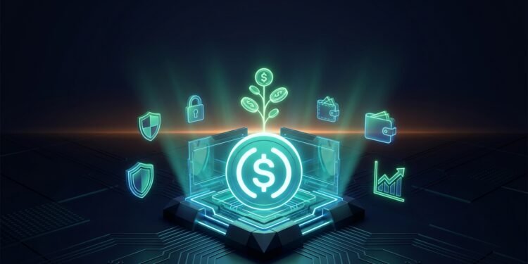 Glowing stablecoin growing in a savings vault to show how to earn yield with USDS through the Sky Savings Rate