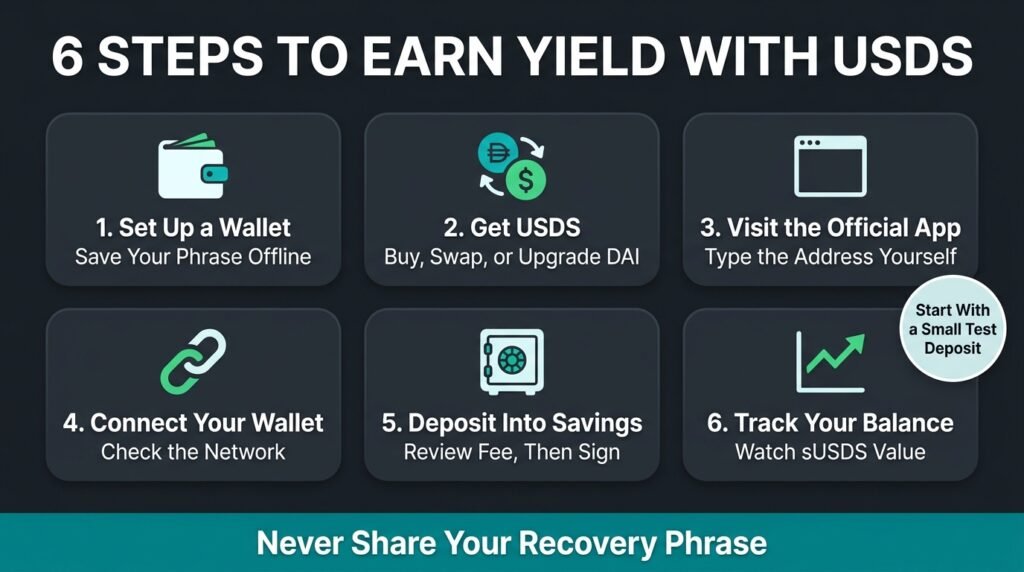 Six-step checklist showing how to earn yield with USDS from wallet setup to tracking your sUSDS balance