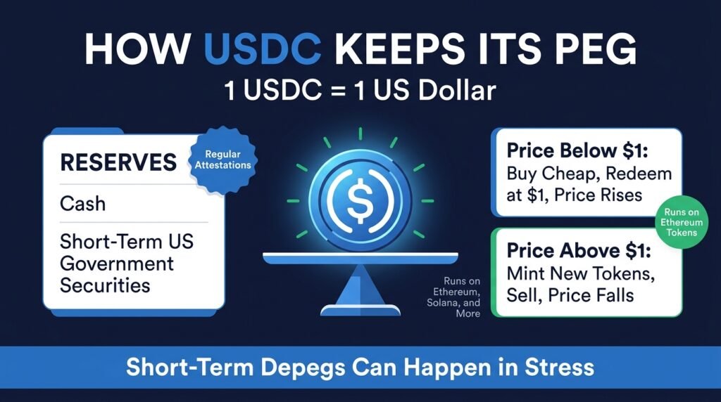 Infographic for a USDC trading guide showing how USDC reserves, redemption, and arbitrage keep the 1 USD peg