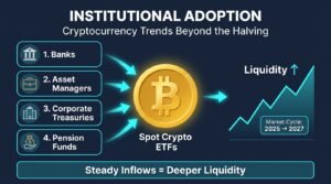 Infographic showing how institutional adoption drives cryptocurrency trends through banks, funds, and corporate treasuries