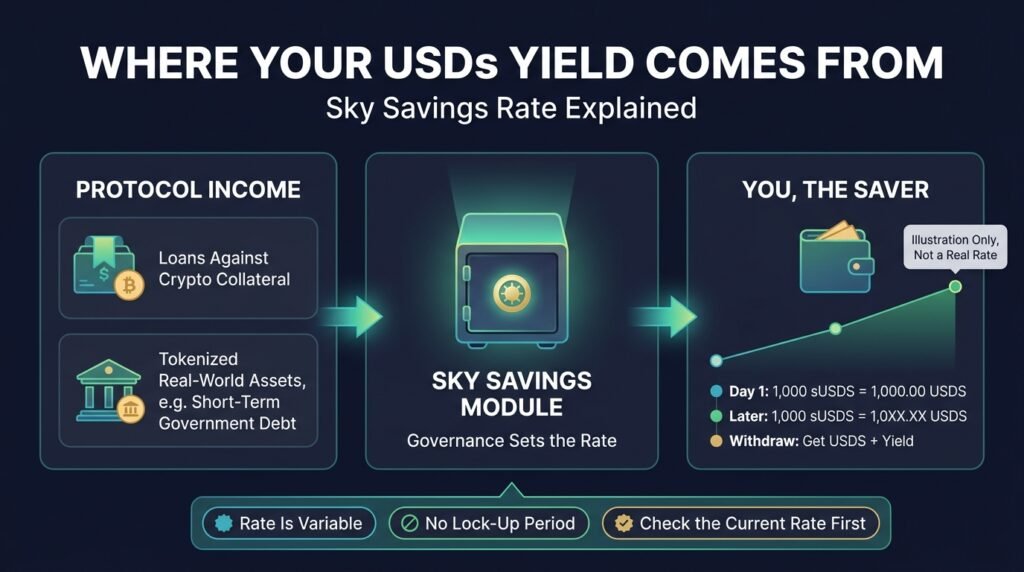 Diagram showing how to earn yield with USDS by depositing USDS and receiving sUSDS that grows in value