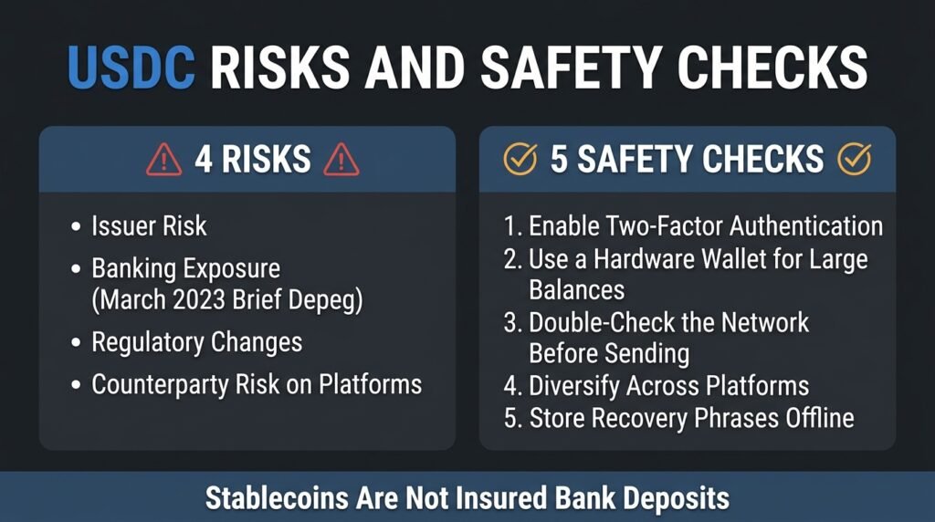 Checklist of USDC risks and five safety checks from a USDC trading guide including depeg and security tips