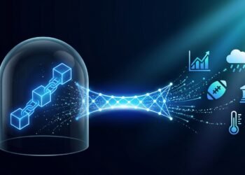 Glowing blue oracle bridge linking a blockchain to real-world data to show what is Chainlink and how it works