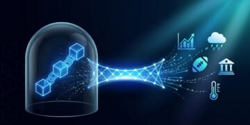 Glowing blue oracle bridge linking a blockchain to real-world data to show what is Chainlink and how it works
